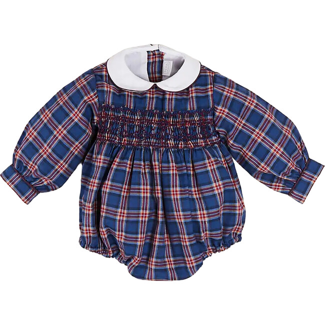 Eaton Checkered Long Sleeve Hand Smocked Romper, Navy