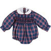 Eaton Checkered Long Sleeve Hand Smocked Romper, Navy - Rompers - 1 - thumbnail