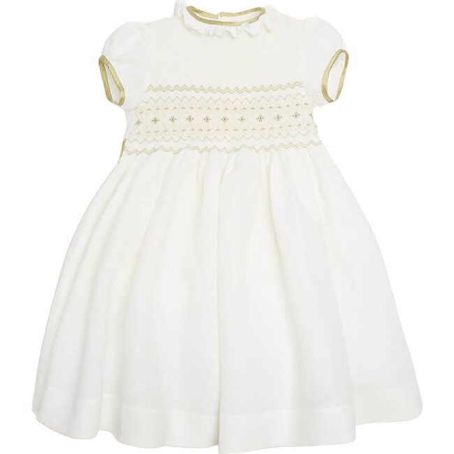 Girls Occasion Frill Collar Short Puff Sleeve Smocked Dress, Ivory