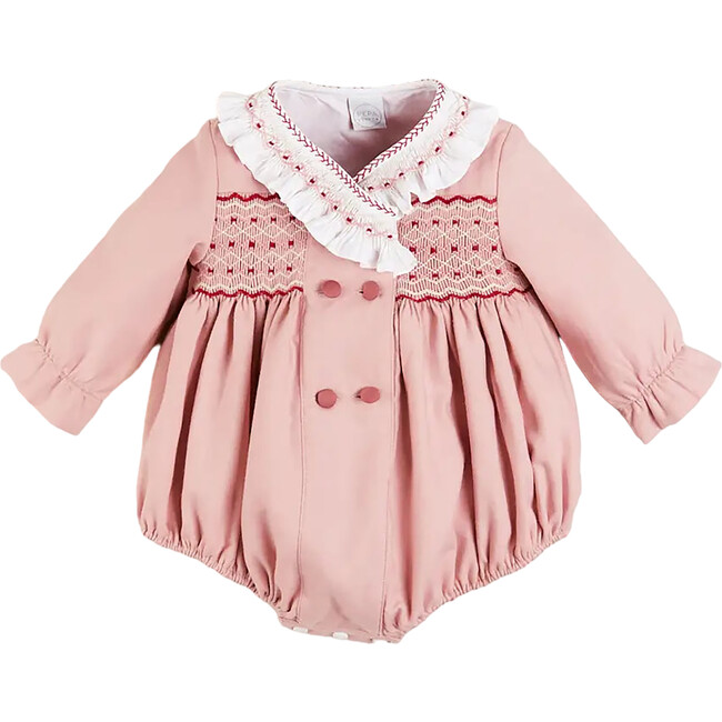 Double-Breast Long Sleeve Hand-Smocked Romper, Pink