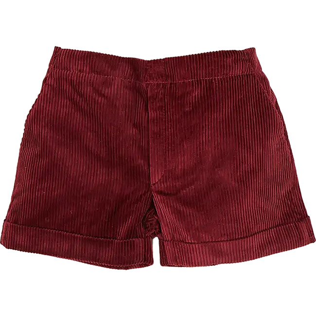 Elastic Waistband Ribbed Corduroy Shorts, Burgundy - Shorts - 1