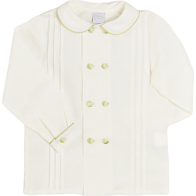 Double-Breast Peter Pan Collar Silk Piped Shirt, Green