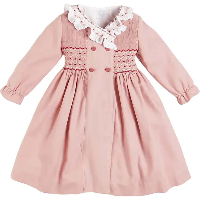 Double-Breast Ruffle Neck Long Sleeve Hand-Smocked Dress, Pink