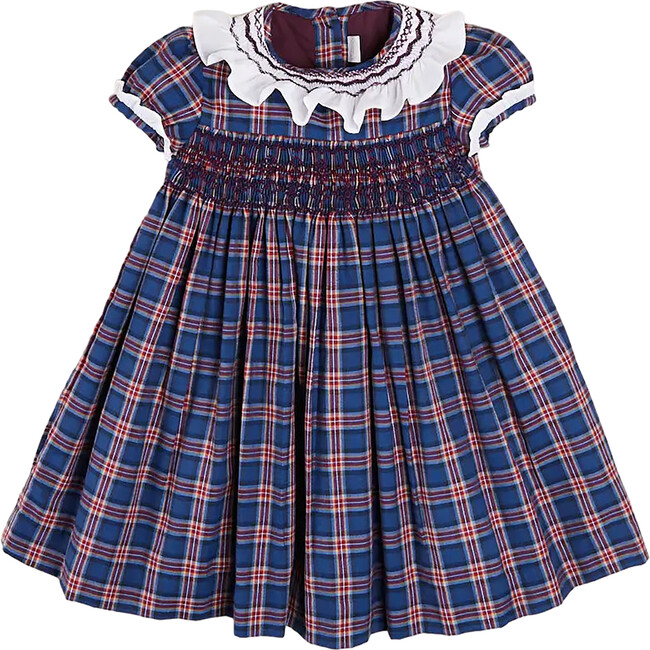 Eaton Checkered Short Sleeve Hand-Smocked Dress, Navy