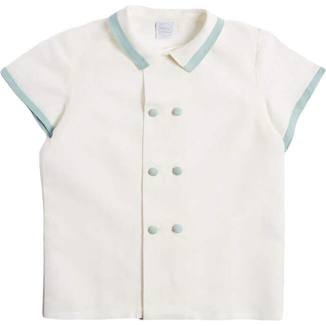 Boys Celebration Double-Breast Short Sleeve Linen Shirt, White & Teal