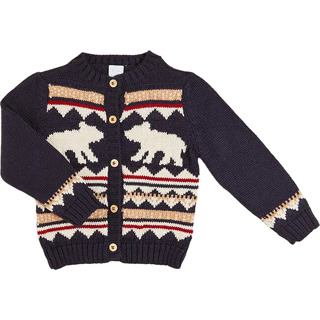 Bear Jacquard Intarsia Long Sleeve Button-Up Knit Cardigan, Navy