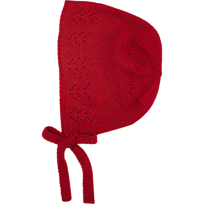 Baby Openwork Under Chin Ties Bonnet, Burgundy - Hats - 1