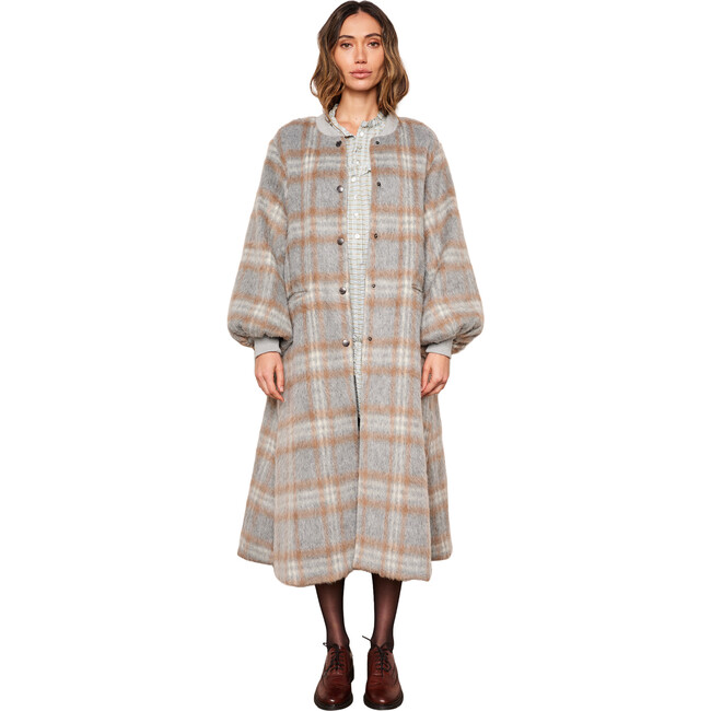 Women's Cameron Plaid Bishop Long Sleeve Snap Button Coat, Grey & Coco