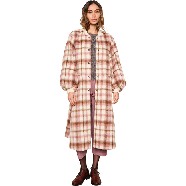 Women's Cameron Plaid Bishop Long Sleeve Snap Button Coat, Blush