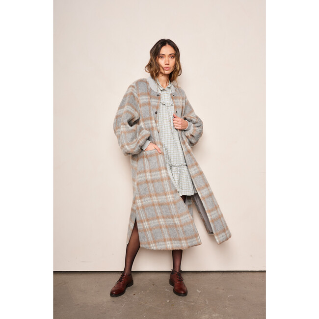 Women's Cameron Plaid Bishop Long Sleeve Snap Button Coat, Grey & Coco - Coats - 2