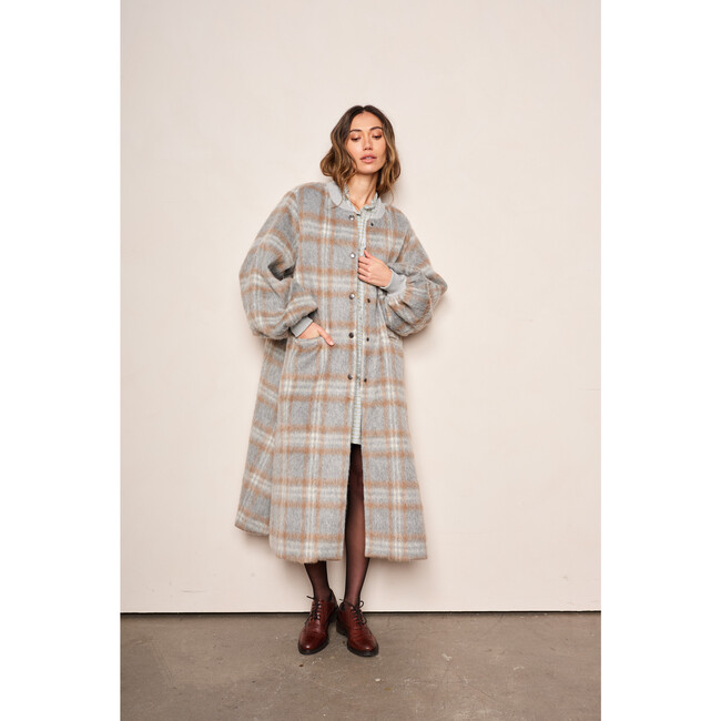 Women's Cameron Plaid Bishop Long Sleeve Snap Button Coat, Grey & Coco - Coats - 5