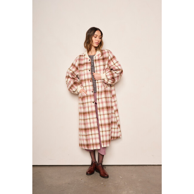 Women's Cameron Plaid Bishop Long Sleeve Snap Button Coat, Blush - Coats - 4