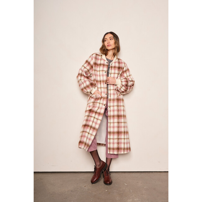 Women's Cameron Plaid Bishop Long Sleeve Snap Button Coat, Blush - Coats - 5