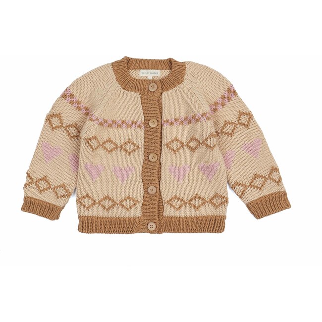 Intarsia Hearts Cardigan, Dusty Pink/Caramelo