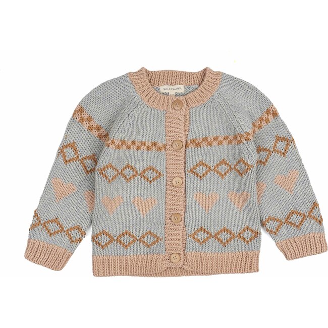 Intarsia Hearts Cardigan, Dusty Blue