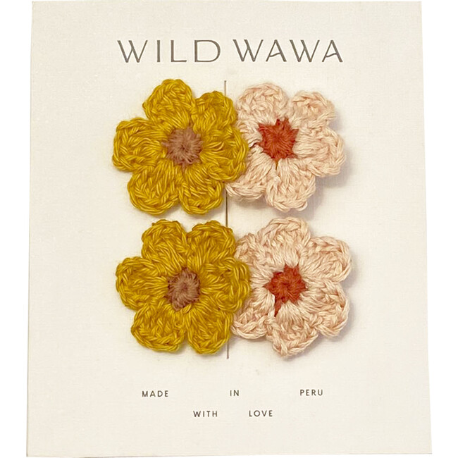 Crochet Flower Clip Set, Mustard/Pink