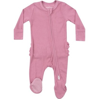 Ribbed Wild Rose  2 Way Zipper Ruffle Back Footie, Pink