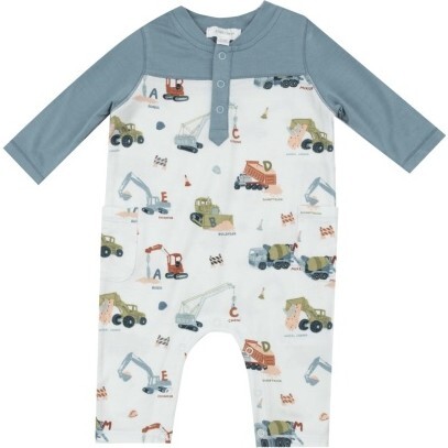 Construction Alphabet Raglan Romper W/ Contrast Sleeve, Blue