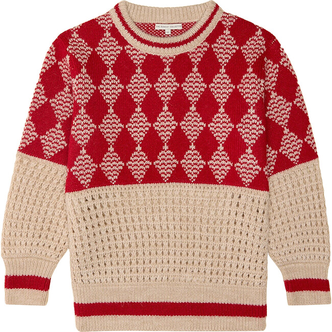 Alpaca Checkered Intarsia Long Sleeve Knit Sweater, Red & Beige