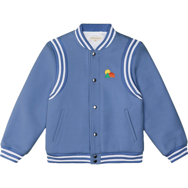 Adventure Ribbed Trim Snap Button Front Pocket Varsity Jacket, Slated Blue