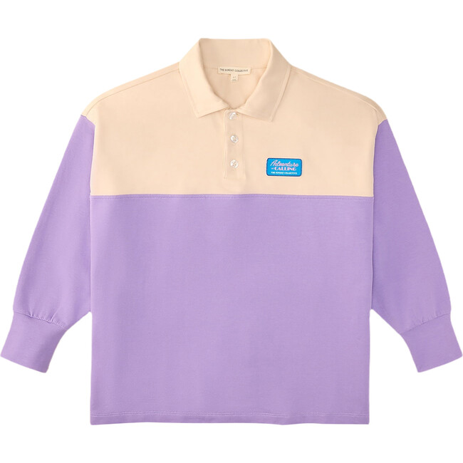 Violet Color-Block Long Sleeve Polo Shirt, Lilac & Beige