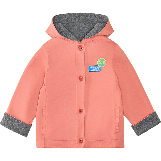 Reversible Honeycomb Buttoned Hooded Jacket, Coral & Grey