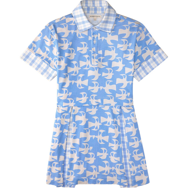 Panel Contrast Print Sleeve Polo Dress, Sky Blue