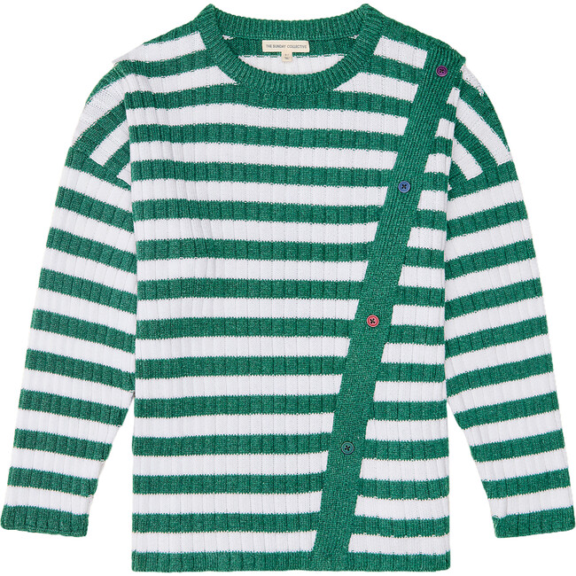 Button Rib Knit Pine Stripe Sweater, Green & White