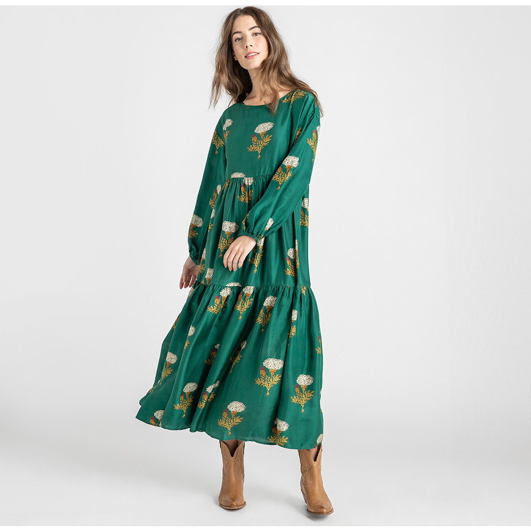 Women's Kelly Silk Wide Neck Drop Shoulder Tired Dress, Emerald Marigold - Dresses - 1