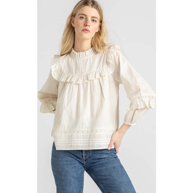 Women's Mira Ruffle Neck Long Sleeve Pintuck Lace Top, Antique White