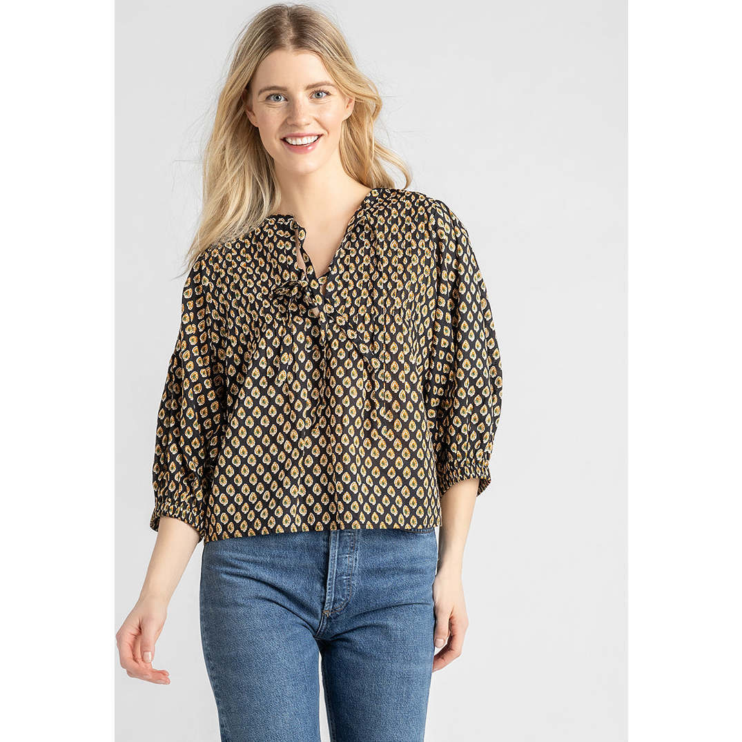 Women's Indira Pintuck V-Neck 3-Quarter Top, Caviar Tear Drop - Shirts - 1