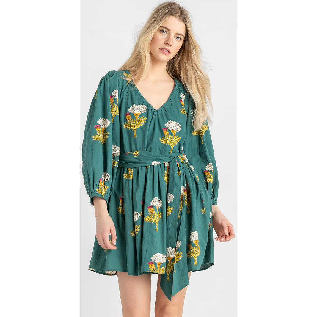 Women's Esperanza V-Neck Puff Sleeve Tie Waist Belt Dress, Emerald Marigold - Dresses - 1
