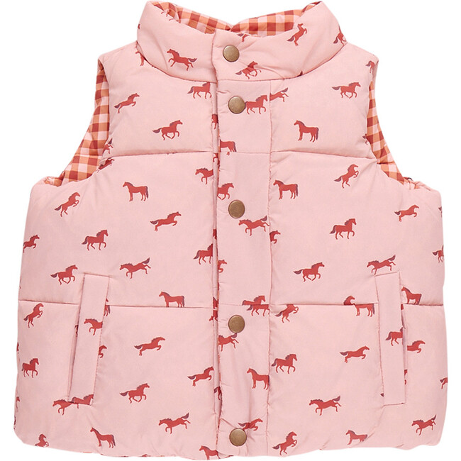 Kids River Reversible Puffer Vest, Tiny Horses & Gingham