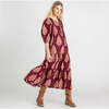 Women's Indira Pintuck Double Tie V-Neck Tie Waist Belt Tired Dress, Burgundy Bouquet Floral - Dresses - 1 - thumbnail