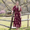 Women's Indira Pintuck Double Tie V-Neck Tie Waist Belt Tired Dress, Burgundy Bouquet Floral - Dresses - 2