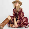 Women's Indira Pintuck Double Tie V-Neck Tie Waist Belt Tired Dress, Burgundy Bouquet Floral - Dresses - 3