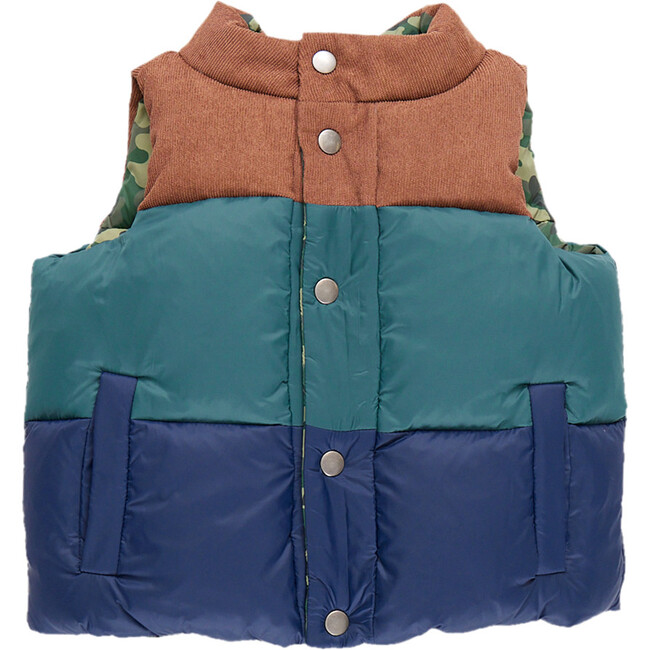 Kids River Reversible Puffer Vest, Green Camo & Color-Block