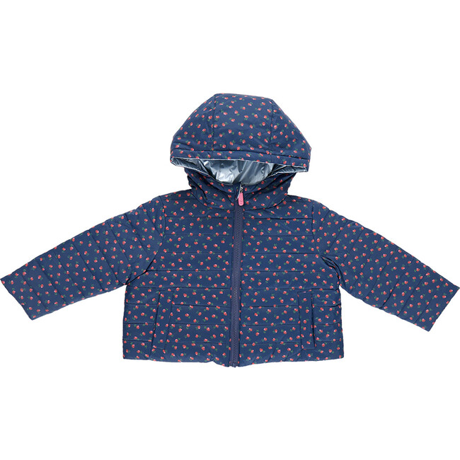 Kids Riley Quilted Hooded Reversible Jacket, Navy Tiny Roses