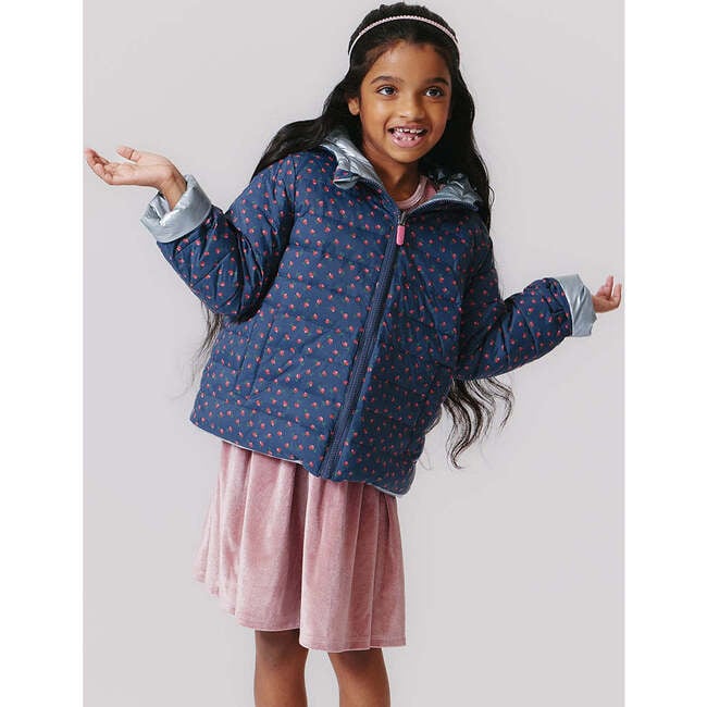 Kids Riley Quilted Hooded Reversible Jacket, Navy Tiny Roses - Coats - 2