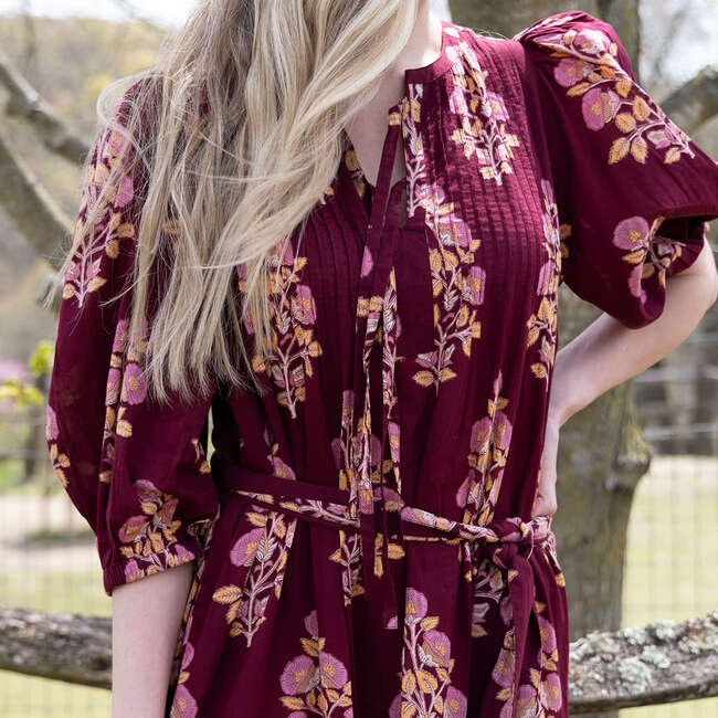 Women's Indira Pintuck Double Tie V-Neck Tie Waist Belt Tired Dress, Burgundy Bouquet Floral - Dresses - 4