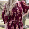 Women's Indira Pintuck Double Tie V-Neck Tie Waist Belt Tired Dress, Burgundy Bouquet Floral - Dresses - 4