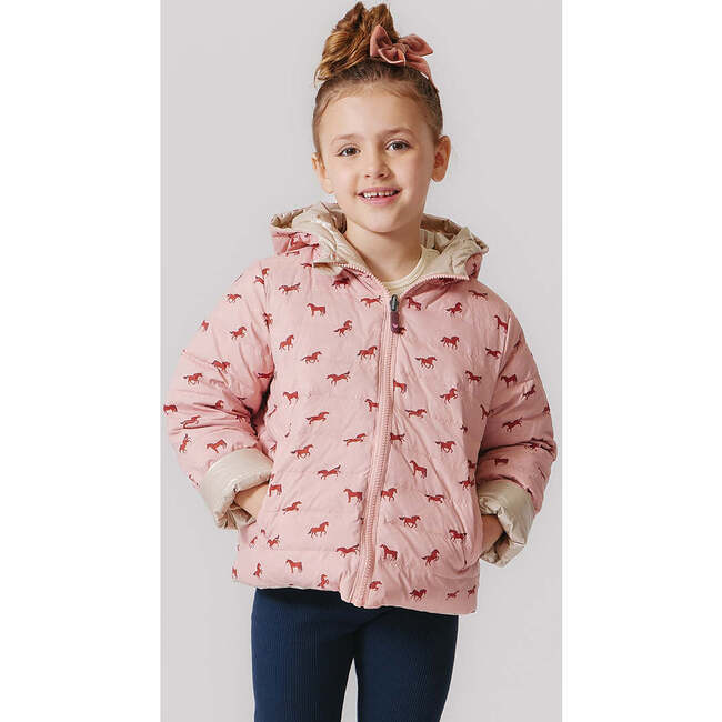 Kids Riley Quilted Hooded Reversible Jacket, Tiny Horses - Coats - 2