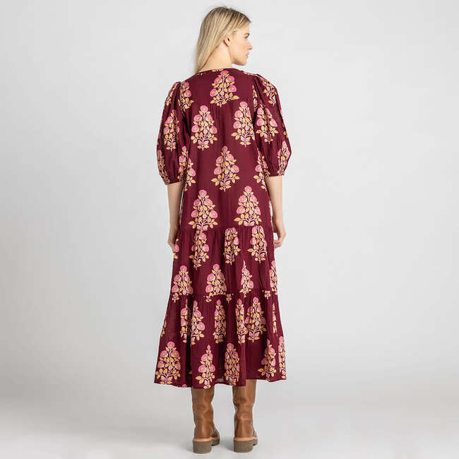 Women's Indira Pintuck Double Tie V-Neck Tie Waist Belt Tired Dress, Burgundy Bouquet Floral - Dresses - 5