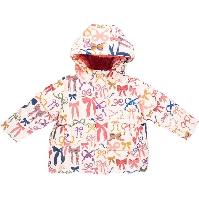 Kids Pete Hooded Puffer Jacket, Bows On Bows Pink