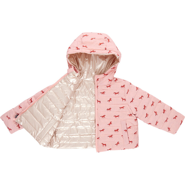 Kids Riley Quilted Hooded Reversible Jacket, Tiny Horses - Coats - 3