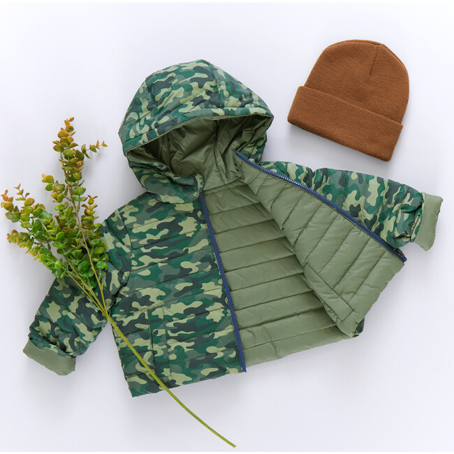 Kids Riley Quilted Hooded Reversible Jacket, Green Camo - Coats - 6