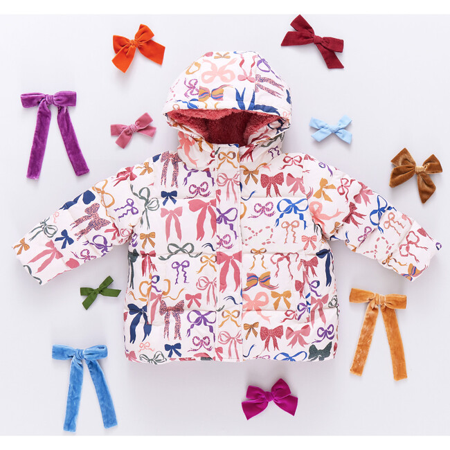 Kids Pete Hooded Puffer Jacket, Bows On Bows Pink - Coats - 6