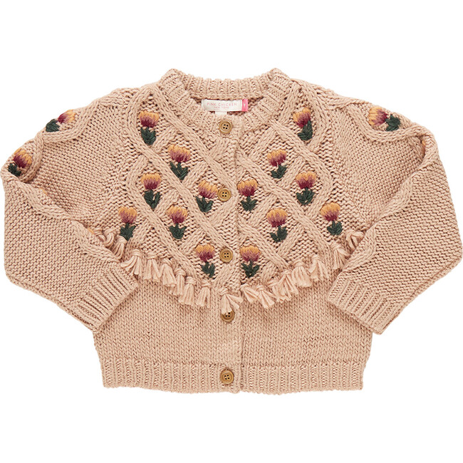 Girls Tari Floral Embroidery Tassel Buttoned Sweater, Brown