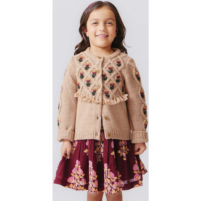 Girls Tari Floral Embroidery Tassel Buttoned Sweater, Brown - Sweaters - 2