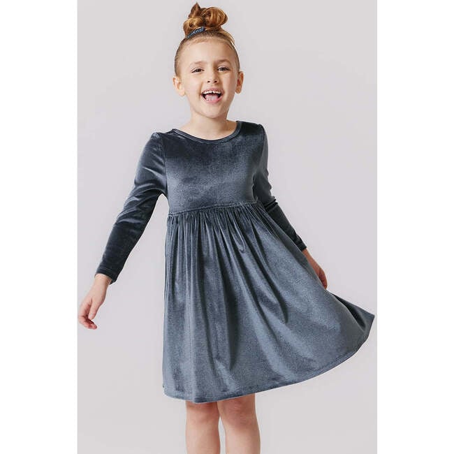 Girls Steph Velour Crew Neck Skinny Long Sleeve Dress, Gray - Dresses - 2